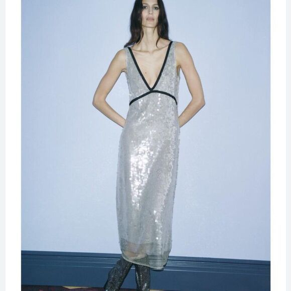 Zara Womens Dress Small S Maxi Sequined Mesh Sleeveless silver 9001/173 NWT - Picture 1 of 16